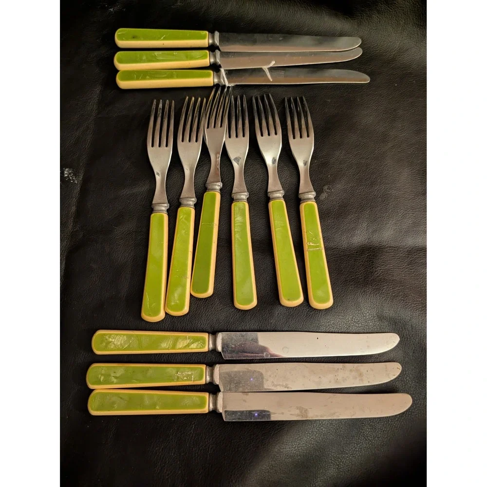 Vintage Sta-Brite Stainless Flatware 12pc Set Green Marbled Celluloid Handles